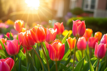  Beautiful colorful tulips blossoming in front of a big house.