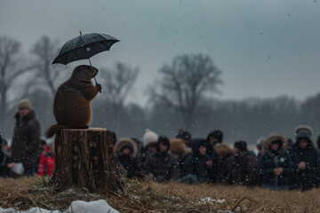 Wall Mural - groundhog sitting on a stump, holding a small umbrella, as if predicting the weather on Groundhog Day