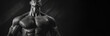 © OleksandrZastrozhnov - In black and white, portrait of a muscular male bodybuilder on a black background. Advertising banner layout for a fitness trainer or gym.