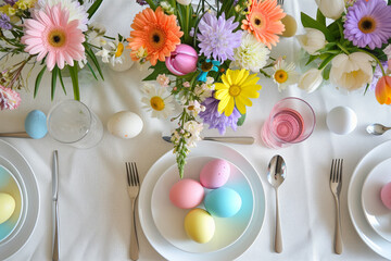 Wall Mural - Beautifully decorated Easter dinner table with colorful flowers, pastel crockery and dyed eggs. Indoor Easter celebration party for small number of guests.