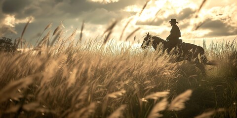 Wall Mural - A man riding a horse in the middle of tall grass