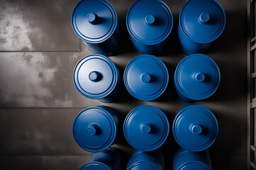 Wall Mural - Top view of some liquid containers standing on floor in warehouse storage of chemical liquids. Background of storage cans in warehouse. Concept of warehousing and stored of goods. Copy ad text space