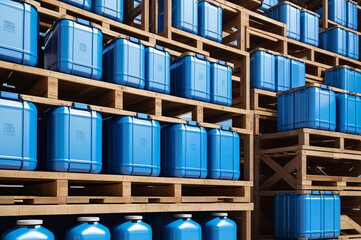 Wall Mural - Warehouse storage of chemical liquids. Rows of liquid containers standing on wooden pallets. Background of storage cans in the warehouse. Concept of warehousing and stored of goods. Copy ad text space