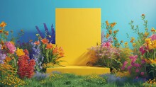 Vibrant Colored Flowers And Plants With A Yellow Platform In Front Of A Blue Background