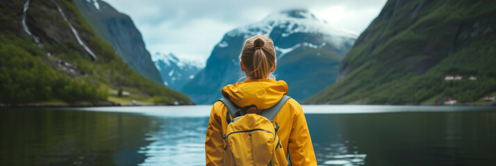 Wall Mural - Young female hiker with a backpack admiring scenic view of spectacular Norwegian nature. Breathtaking landscape of Norway. Hiking by foot.