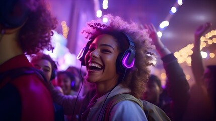 Crazy, Concert, silent disco, wireless headphones, disco lights, young crowd.