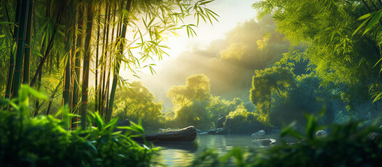 Sun rays piercing through a tranquil bamboo forest, highlighting the green leaves natural background banner.