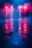 Fototapeta Przestrzenne - Empty wet asphalt road illuminated by red and blue spotlights at night with fog or smoke in the air