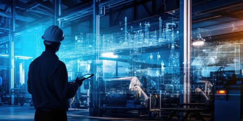 silhouette engineer control auto robot in industry 4.0 manufacturing with smart connect communicatio