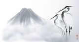 Fototapeta Sypialnia - Simple minimalist ink wash painting of of two herons and  Fuji mountain. Traditional oriental ink painting sumi-e, u-sin, go-hua. Translation of hieroglyph - zen