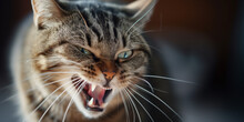 Angry Tabby Cat Hissing In Attempt To Scare Away An Assaulter. Aggressive Cat Hisses With It's Mouth Open, Showing Fangs.