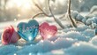 3D Heart-Shaped Gems in Winter Snow, Light Pink and Light Blue Transparent Gems Floating Amidst White Snow, Accompanied by a Bouquet of Pink Roses.