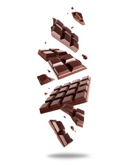 Wall Mural - Broken dark chocolate bar in the air isolated on a white background