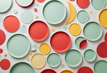 Wall Mural - Abstract color paper background. Pastel green, yelllow and red color round circle shape geometry composition on white background. Top view