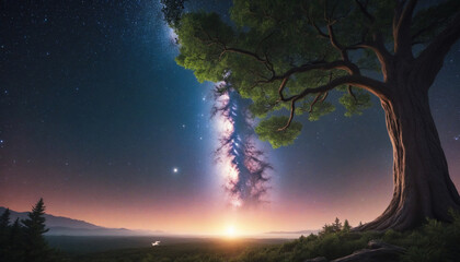 Wall Mural - trees, epic fantasy forest, epic landscape, space background, vibrant fantasy city background