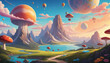 © SR07XC3 - Colorful fantasy landscape, surreal, planets floating in the sky, hovering mushrooms, sunset, psychedelic artwork