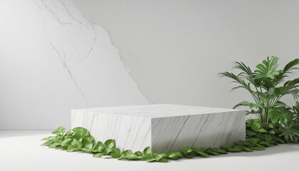 Wall Mural - Podium background 3D white marble stand display platform mockup. Stone podium scene summer background 3D render product stage presentation green pedestal plant rock leaf art abstract. Generative AI