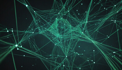 Abstract blue green technology background with a cyber network grid and connected particles. Artificial neurons, global data connections - Generative AI