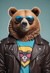 Painted illustration of cool bear in leather jacket and sunglasses. T-shirt design. Generative AI
