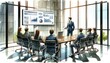 The image depicts a business presentation in a modern meeting room with attentive listeners.