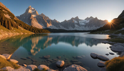 Serene mountain lake during sunset, with the sun setting behind the jagged peaks, casting a warm orange glow over the landscape. Generative AI