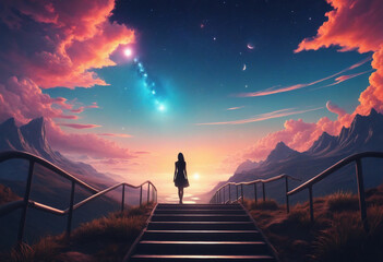 Wall Mural - Silhouette standing on stairs in fantasy landscape with surrealistic sky. Lonely person walking to bright colorful sky with cosmic background