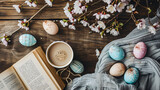 Fototapeta Uliczki - A flat lay of a cozy Easter morning scene with coffee a book and decorated eggs.