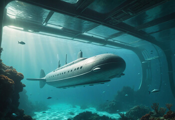 Wall Mural - Fantasy futuristic submarine sails underwater. Generative AI