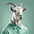 Mint green monochrome portrait of a stylish goat in a shirt.
