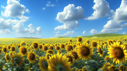 Wall Mural - Yellow sunflower field against blue sky with clouds. Copy space.