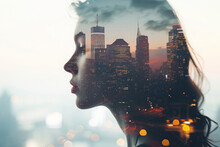 Double Exposure Portrait Of Woman With Night City Skyline, People In World Concept