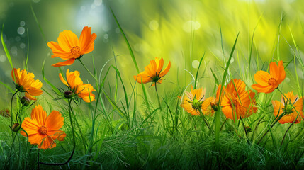 Wall Mural - Bright orange cosmos flowers and green leaves in the meadow.