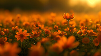 Wall Mural - Orange cosmos flowers field in golden hour.
