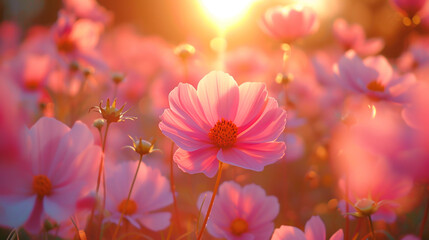 Wall Mural - Pink cosmos flowers in a field in sunset lighting.