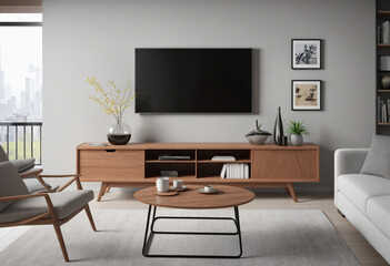 Wall Mural - Modern 3D-rendered living room with sofa, coffee table, and TV stand
