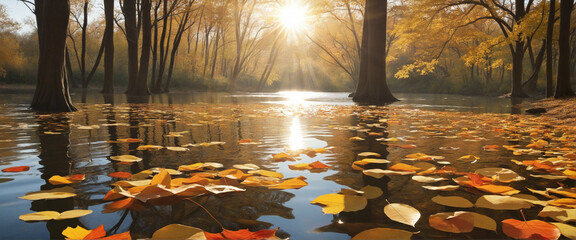 Autumn landscape with floating fallen leaves and sunlight filtering through tree branches - Seasonal background