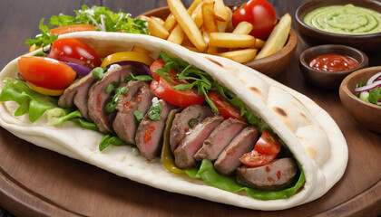 Wall Mural - Savory Berliner Kebab on Special Bread with Grilled Lamb, Turkish Kebab with Veggies and Fries - Authentic Restaurant Fare