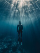 Free Diver Underwater In Transparent Blue Ocean