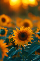 Wall Mural - Orange sunflower with teal leaves on a field against sunset sky.