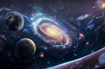 Wall Mural - spacescape of swirling galaxies and planets and stars and auroras,