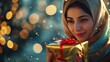 Iranian girl, her face glowing with joy, as she holds a beautifully wrapped gift in her hands.