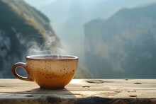 An Artisanal, Ceramic Coffee Cup, Filled With Steaming Coffee, Placed On A Wooden Picnic Table. With Mountains In Background