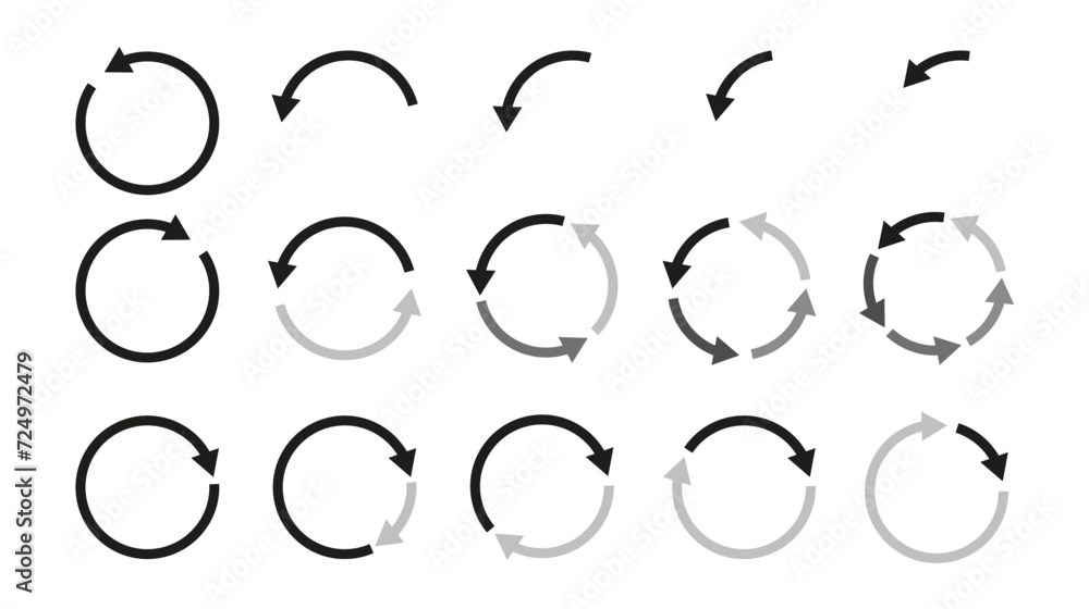 Different circular arrows collection of black color. PNG. Rotate arrow and spinning loading symbol. Circular rotation loading elements, redo process