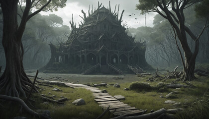 Wall Mural - Exploring the Enigmatic Forest of Giant Trees. Revealing the Secrets of the Swamp Ruins. Enchanting Wallpaper of Swamp Ruins. Innovative Creation.