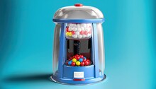 Gumball Machine Isolated On Blue Background. Vending Machine With Colorful Gumballs. Machine With Sweet Food, Gumball Machine. Isolated Object, Blue Background