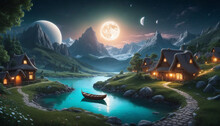 Enchanting Fantasy Village In The Forest At Night Surrounded By Planets, Surreal Landscape, Moon, Boat On A River, 