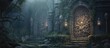 A towering stone wall, covered in intricate carvings and adorned with vibrant vines, stands tall against a backdrop of swirling mist. The soft glow of a distant light casts an ethereal aura over the s