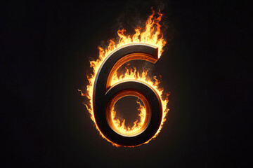 Number 6 with fire growing out isolated on solid black background. ai generative