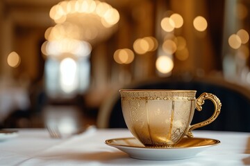 An ornate, gold-rimmed coffee cup, exuding elegance, set on a crisp, white linen tablecloth in a luxurious restaurant. cup of tea