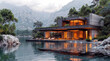 An image of a modern eco house on the shore of a mountain lake. For projects about new energy efficient homes operating as a separate ecosystem.